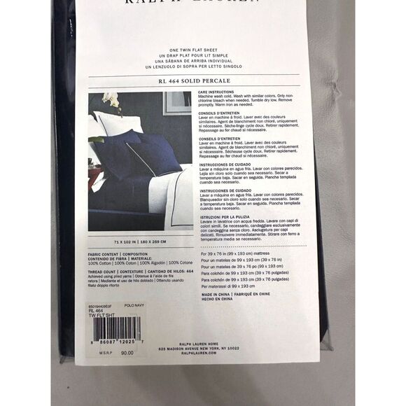 Ralph Lauren TWIN FLAT SHEET RL 464 Polo Navy Blue 100% Cotton Solid Percale - Picture 6 of 6